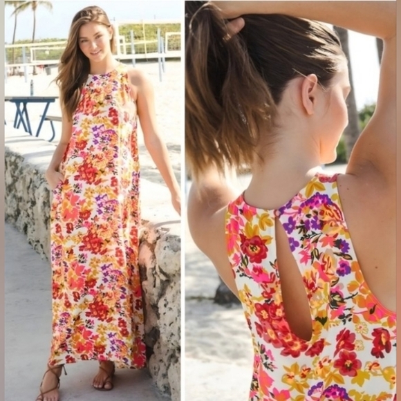 Natural Life Floral Maxi Dress Rayon Sleevless Halter Boho Summer Pockets M - Picture 12 of 13